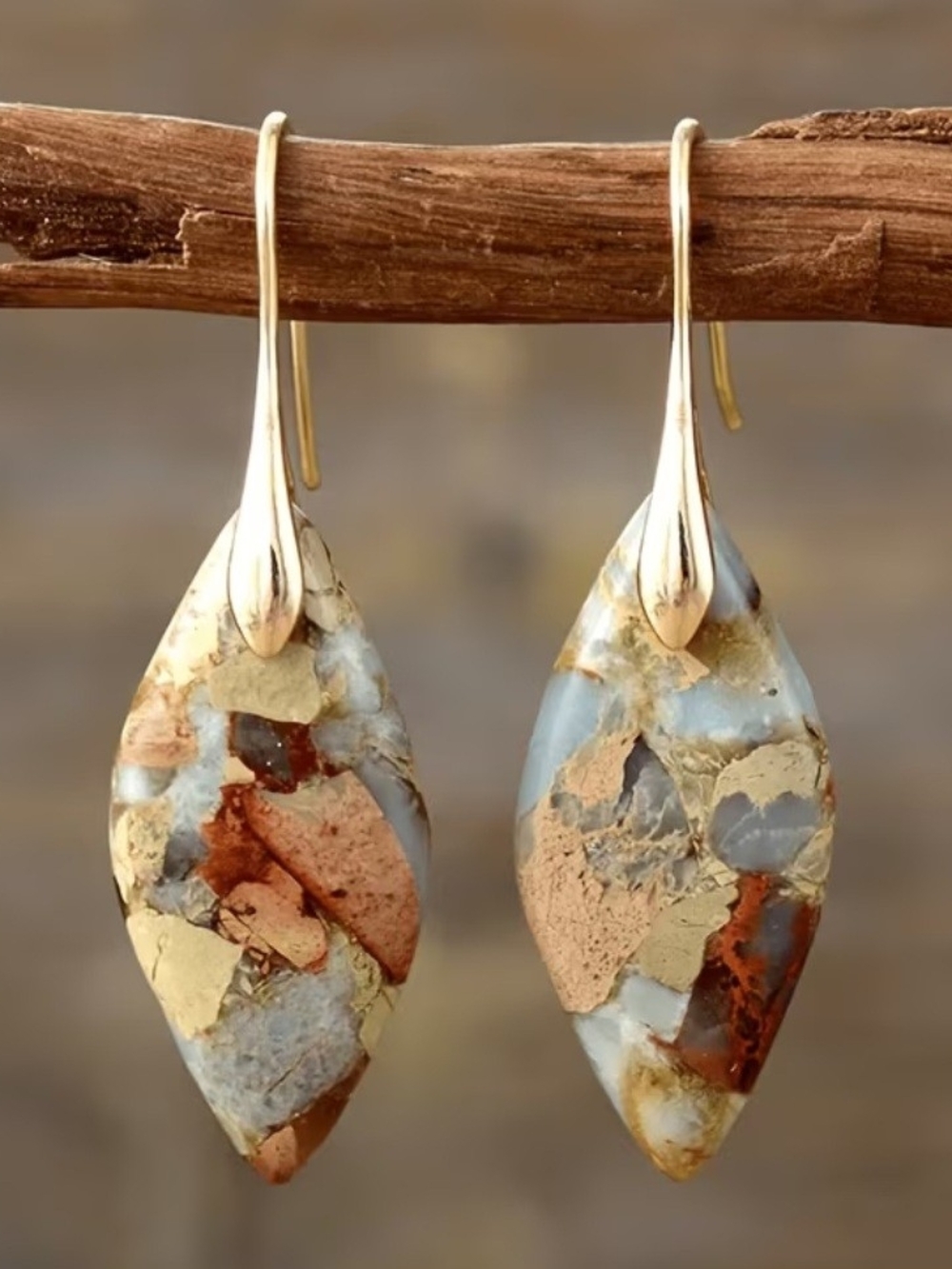 Trendy boutique Gold-Tone Teardrop Earrings with Blue, Cream & Rust Stone NWT